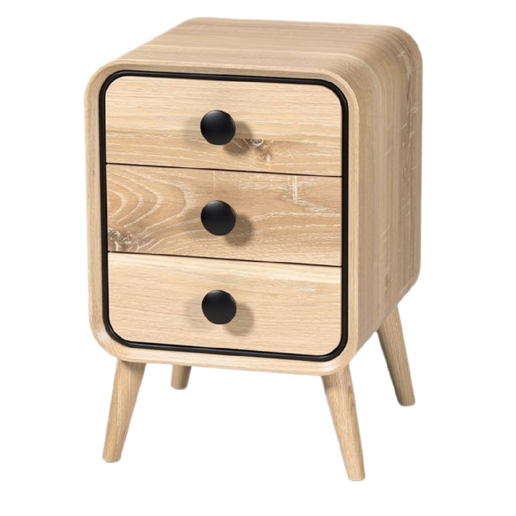 Moderne houten nachtkast met 3 lades en zwarte knoppen
