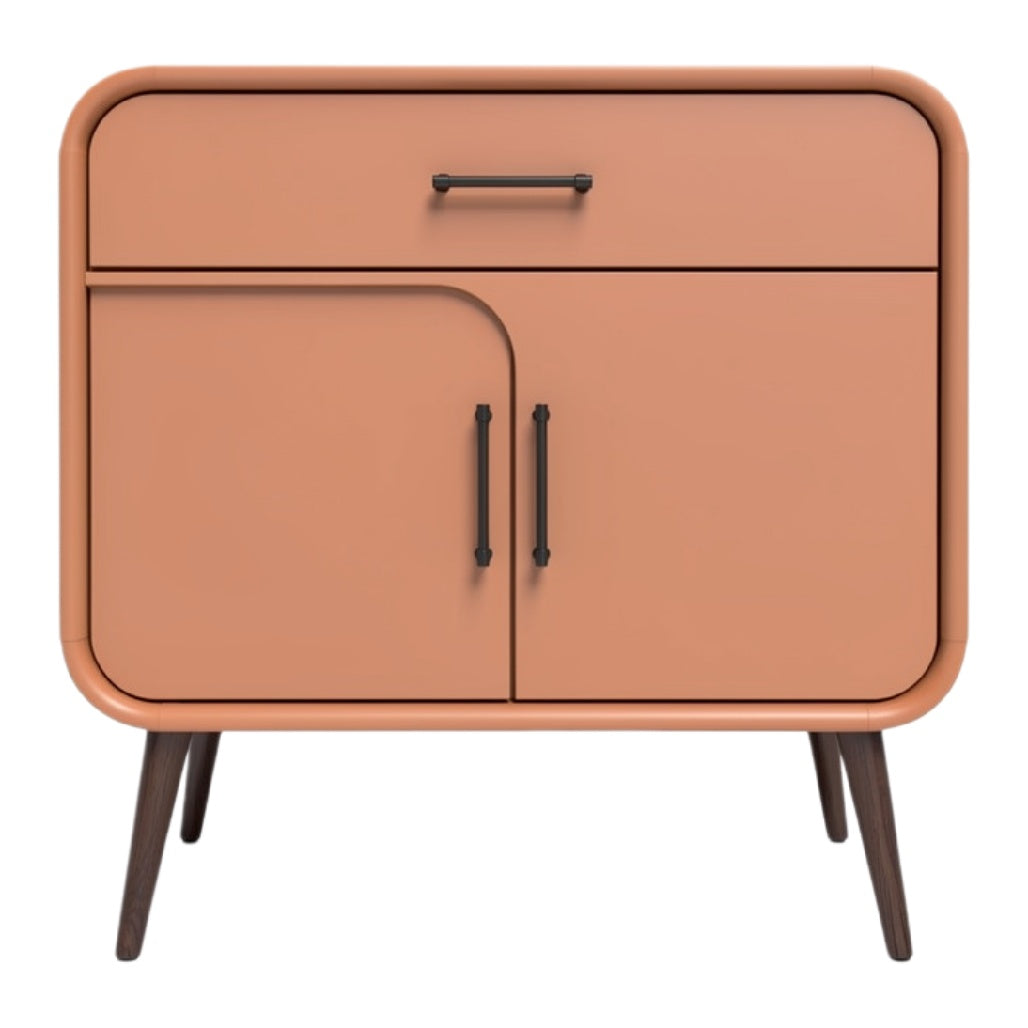 Moderne kast met lades en deur in perzikkleurige stijl.